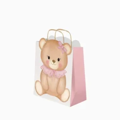 SAC CADEAU CARTON BÉBÉ OURSON NUD 18X10X24CM ROSE