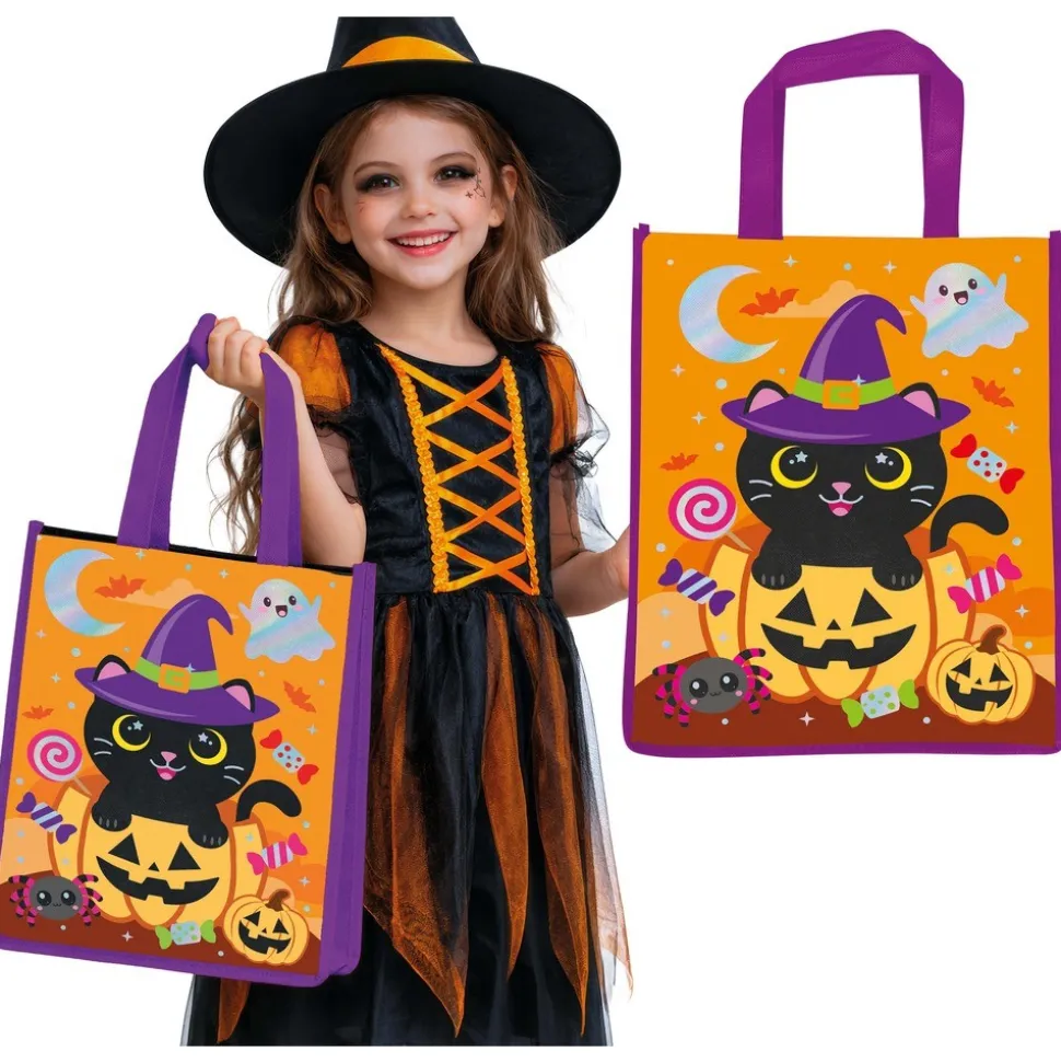 SAC CHASSE BONBONS CHAT SORCIER 36X30CM ORANGE