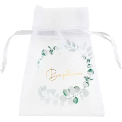 4 SACHETS TISSU ORGANDI BAPTÊME FEUILLAGE 7.5X10CM