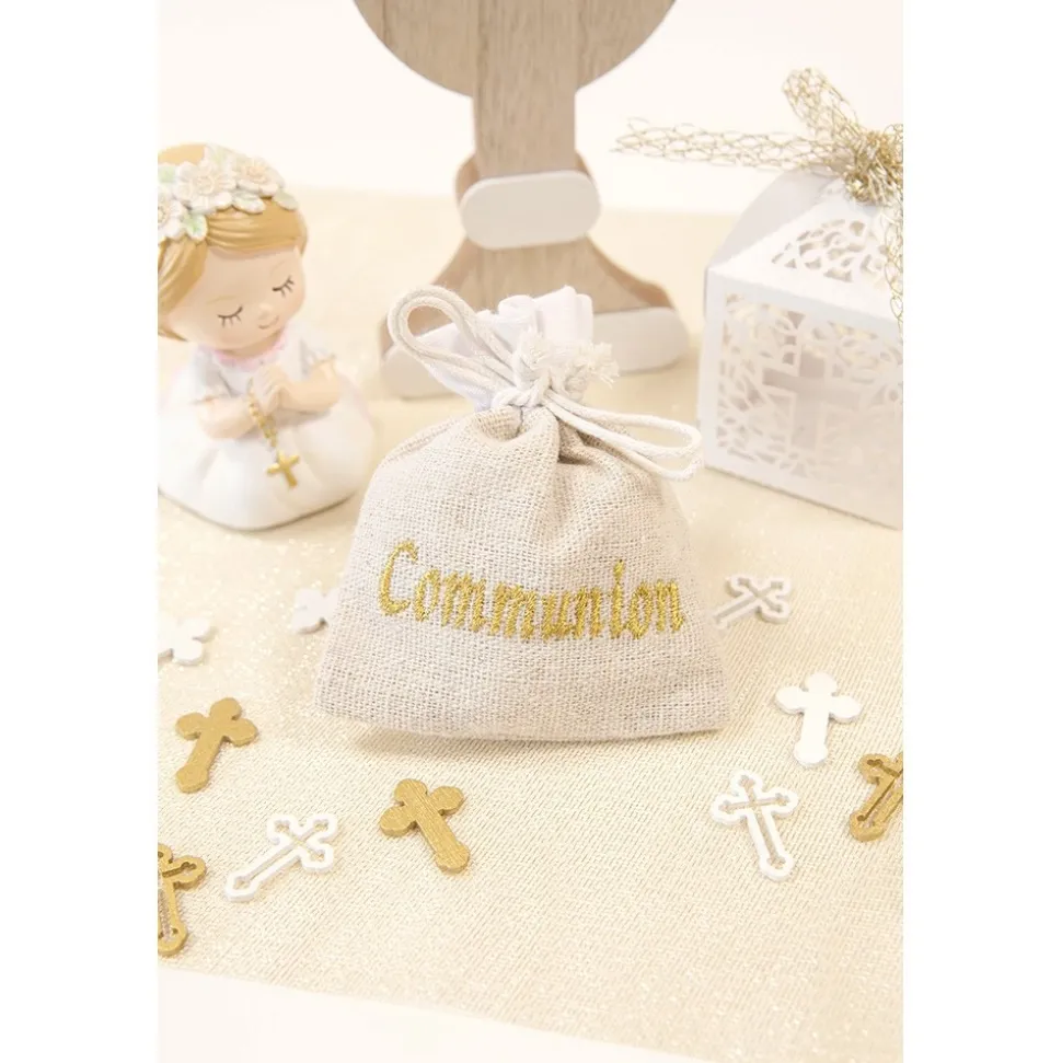 3 SACHETS TOILE BRODÉE COMMUNION OR 10X8CM NATURE