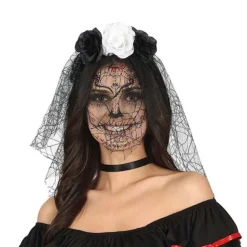 SERRE-TÊTE FLEURI NOIR BLANC VOILE TOILE ARAIGNÉE
