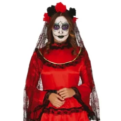 SERRE-TÊTE FLEURS NOIR ET ROUGE AVEC VOILE