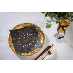 10 SERVIETTES ANNIVERSAIRE HOLOGRAPHIQUE 33CM NOIR