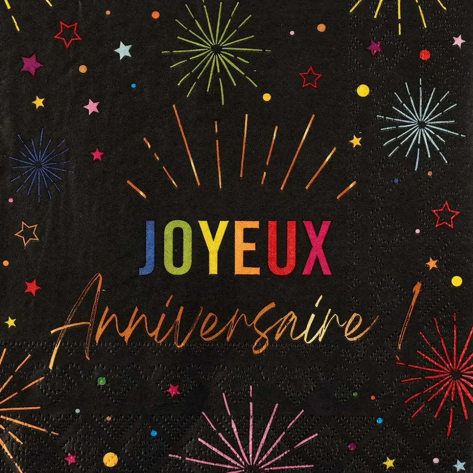 12 SERVIETTES PAPIER ANNIVERSAIRE MULTI 33CM NOIR