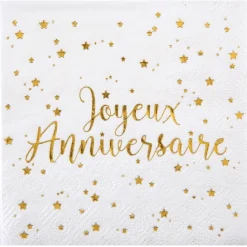 10 SERVIETTES PAPIER ANNIVERSAIRE OR 33CM BLANC