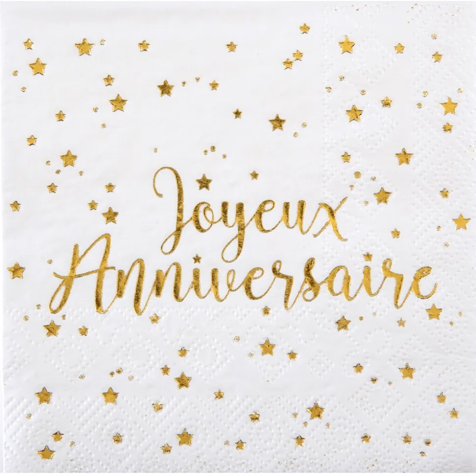10 SERVIETTES PAPIER ANNIVERSAIRE OR 33CM BLANC
