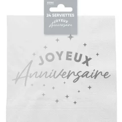24 SERVIETTES PAPIER ANNIVERSAIRE 33CM ARGENT