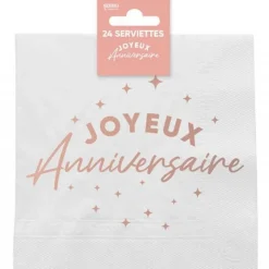 24 SERVIETTES PAPIER ANNIVERSAIRE 33CM OR ROSE