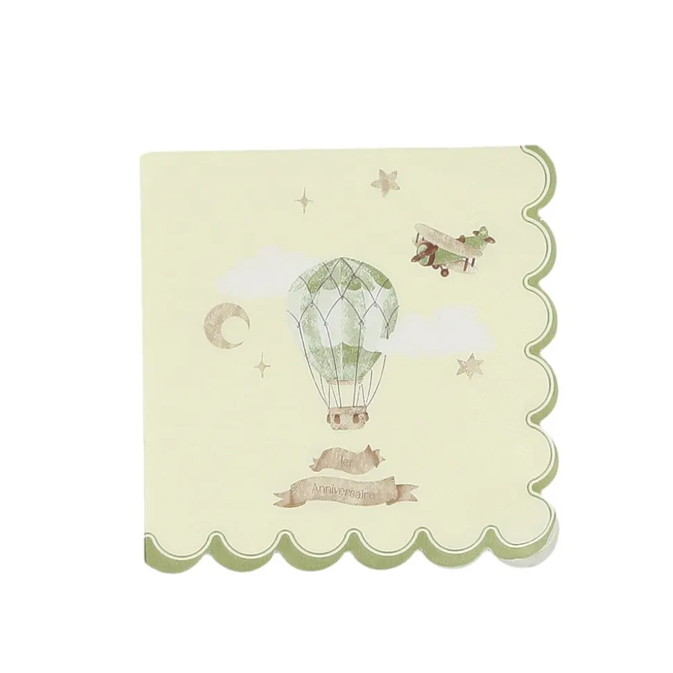 10 SERVIETTES PAPIER ANNIVERSAIRE MONTGOLFIÈRE 33CM