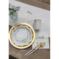 20 SERVIETTES PAPIER BAPTÊME FEUILLAGE 33CM BLANC