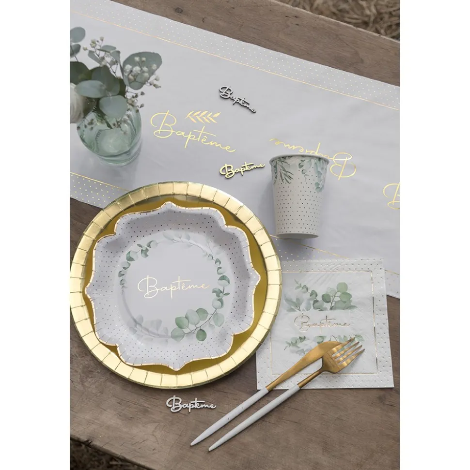 20 SERVIETTES PAPIER BAPTÊME FEUILLAGE 33CM BLANC