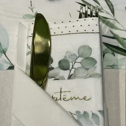 20 SERVIETTES PAPIER BAPTÊME FEUILLAGE 33CM BLANC