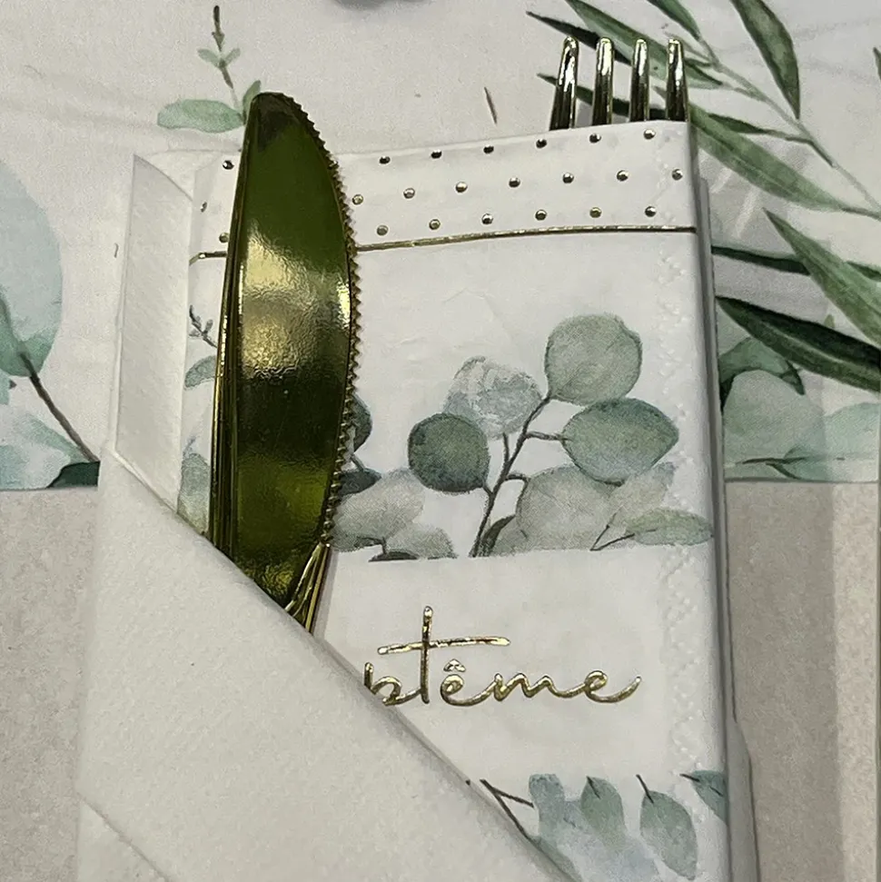 20 SERVIETTES PAPIER BAPTÊME FEUILLAGE 33CM BLANC
