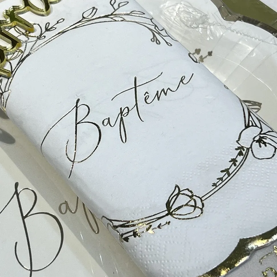 16 SERVIETTES PAPIER BAPTÊME VÉGÉTAL OR 32CM CRÈME