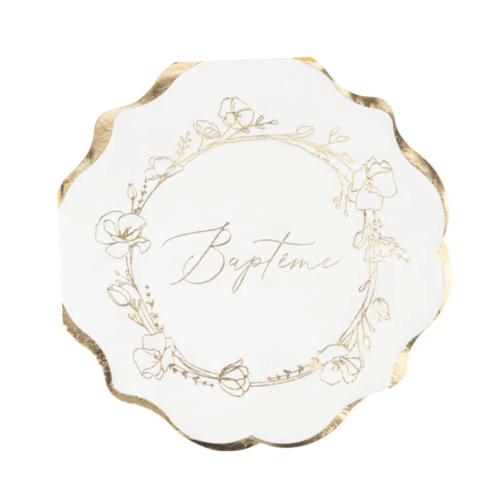 16 SERVIETTES PAPIER BAPTÊME VÉGÉTAL OR 32CM CRÈME