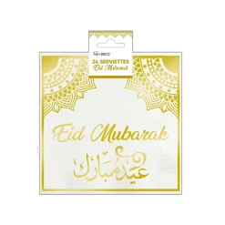 24 SERVIETTES PAPIER EID MUBARAK 33CM BLANC OR