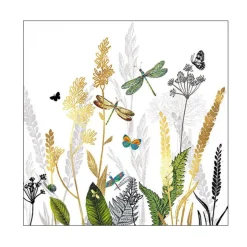 20 SERVIETTES PAPIER FLEURS LIBELLULES 33CM BLANC