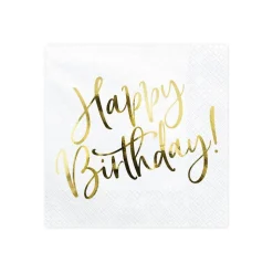 20 SERVIETTES PAPIER HAPPY BIRTHDAY OR 33CM BLANC