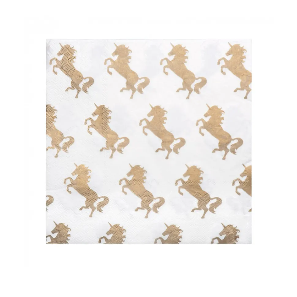 12 SERVIETTES PAPIER LICORNE PARTY 33CM BLANC OR