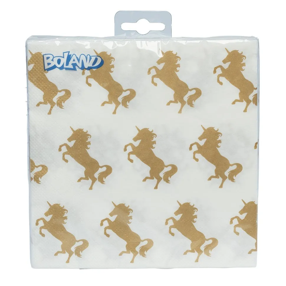 12 SERVIETTES PAPIER LICORNE PARTY 33CM BLANC OR