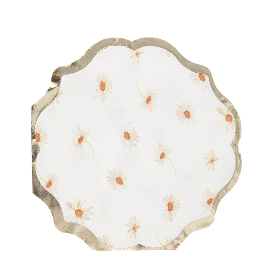 16 SERVIETTES PAPIER MARGUERITE BORD OR 32CM BLANC