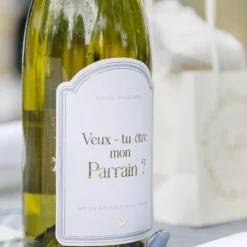 2 STICKERS BOUTEILLE PARRAIN MARRAINE 11CM BLEU