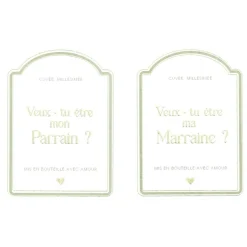 2 STICKERS BOUTEILLE PARRAIN MARRAINE 11CM VERT