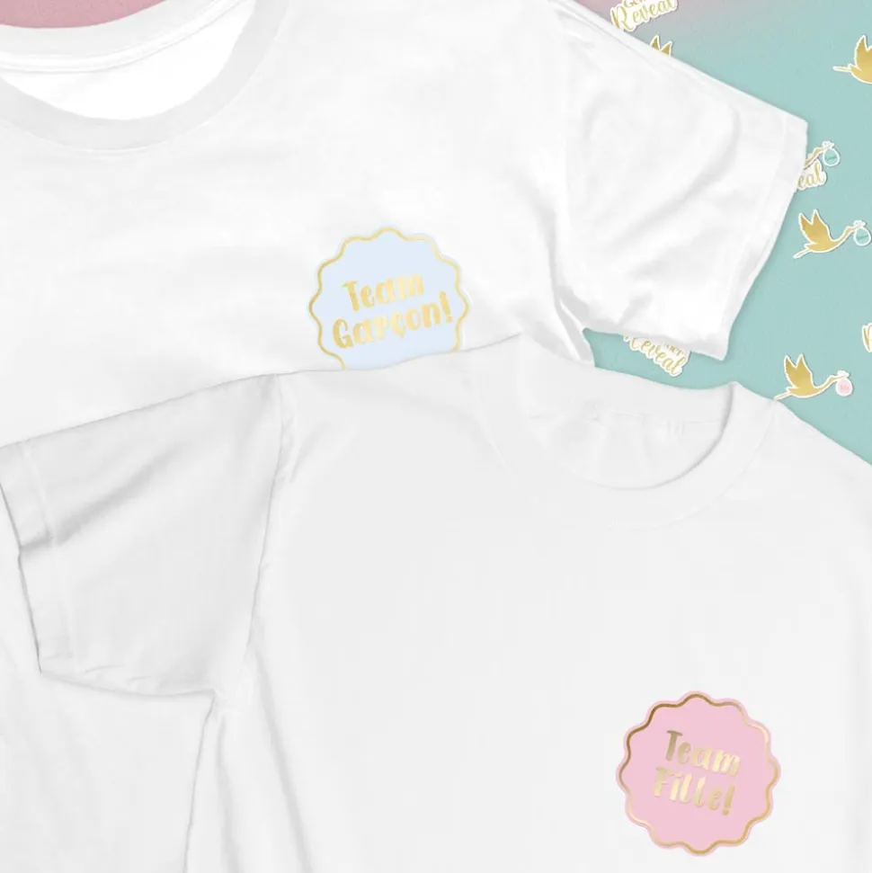 16 STICKERS TEXTILE ROND GENDER REVEAL 6CM