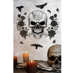 STICKER TÊTE DE MORT CORBEAUX ROSES NOIRES 25X70CM