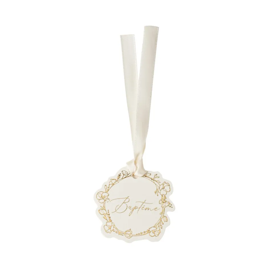 10 ÉTIQUETTES CARTON BAPTÊME ÉLÉGANT OR 5CM CRÈME