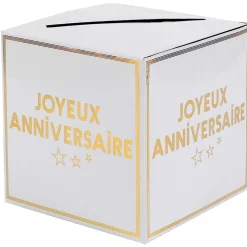 TIRELIRE JOYEUX ANNIVERSAIRE CARTON 20CM BLANC