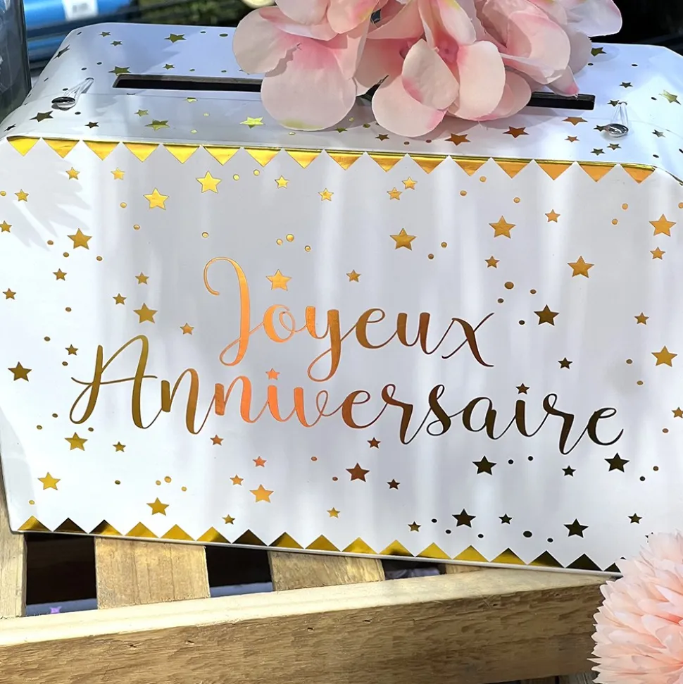 TIRELIRE JOYEUX ANNIVERSAIRE BLANC ET OR