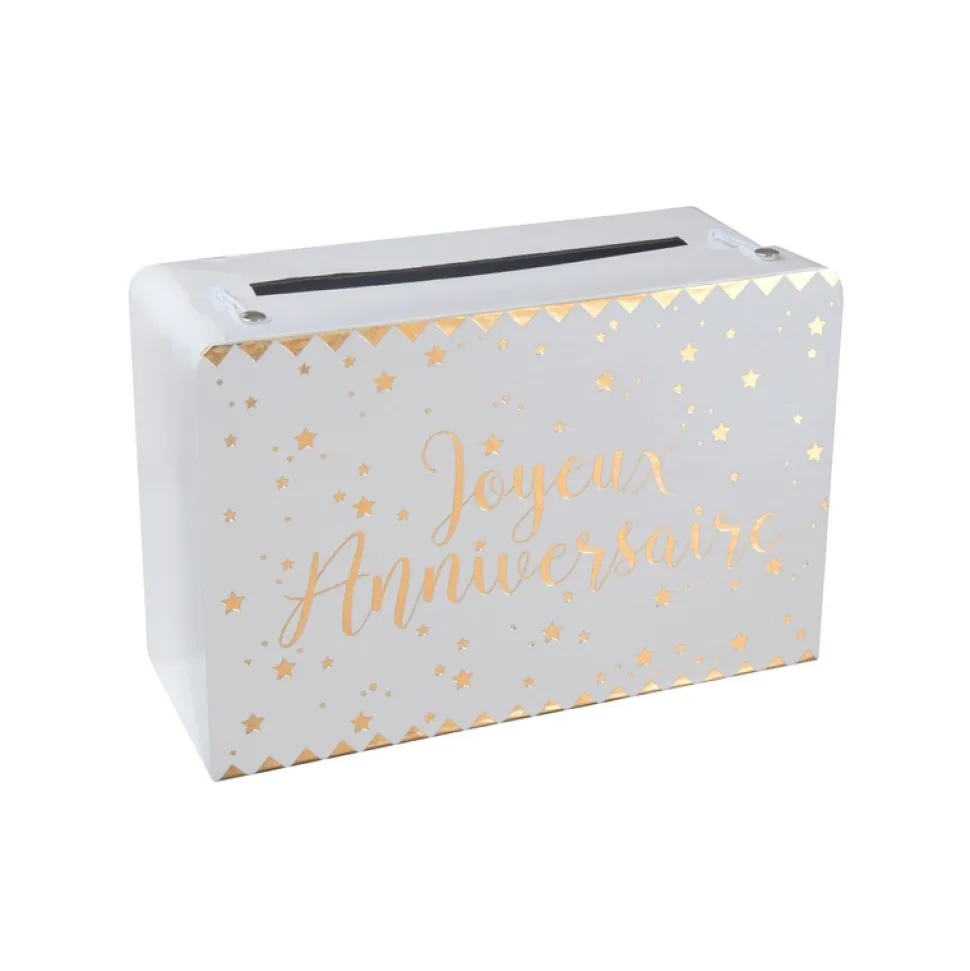 TIRELIRE JOYEUX ANNIVERSAIRE BLANC ET OR