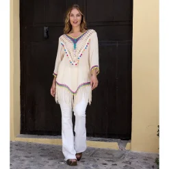 TUNIQUE BOHÈME PLAGE BEIGE FRANGES PÉROU FEMME