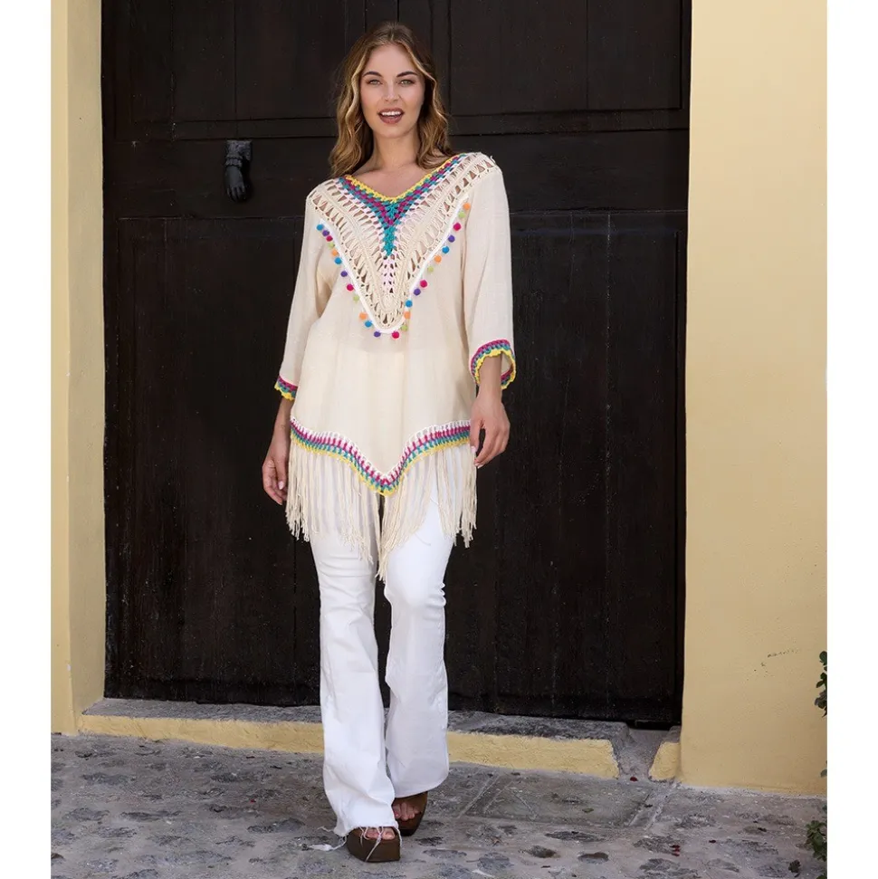 TUNIQUE BOHÈME PLAGE BEIGE FRANGES PÉROU FEMME
