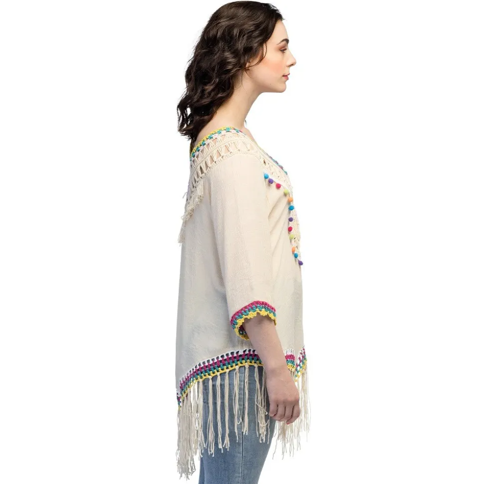 TUNIQUE BOHÈME PLAGE BEIGE FRANGES PÉROU FEMME