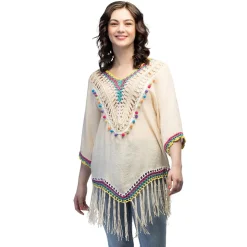 TUNIQUE BOHÈME PLAGE BEIGE FRANGES PÉROU FEMME