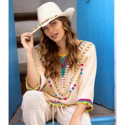 TUNIQUE BOHÈME PLAGE BEIGE FRANGES PÉROU FEMME