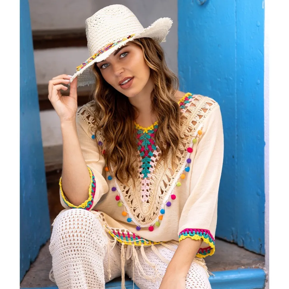 TUNIQUE BOHÈME PLAGE BEIGE FRANGES PÉROU FEMME
