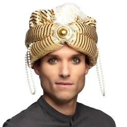 TURBAN ORIENTAL OR CHAINE PERLE PLUME BLANC ADULTE