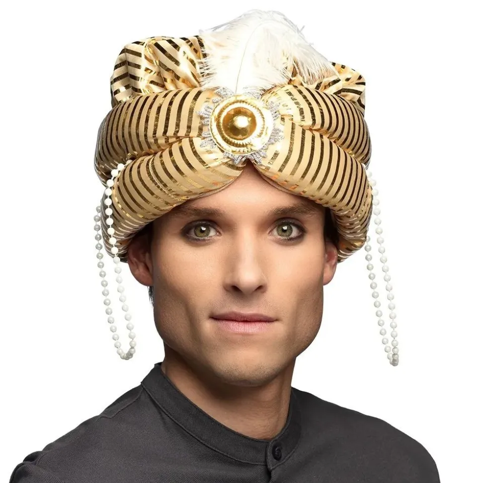 TURBAN ORIENTAL OR CHAINE PERLE PLUME BLANC ADULTE