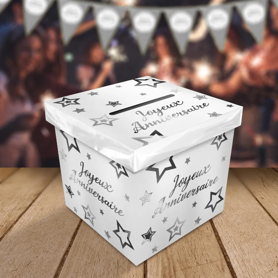 URNE CARTON ANNIVERSAIRE PARTY CHIC 20CM BLANC