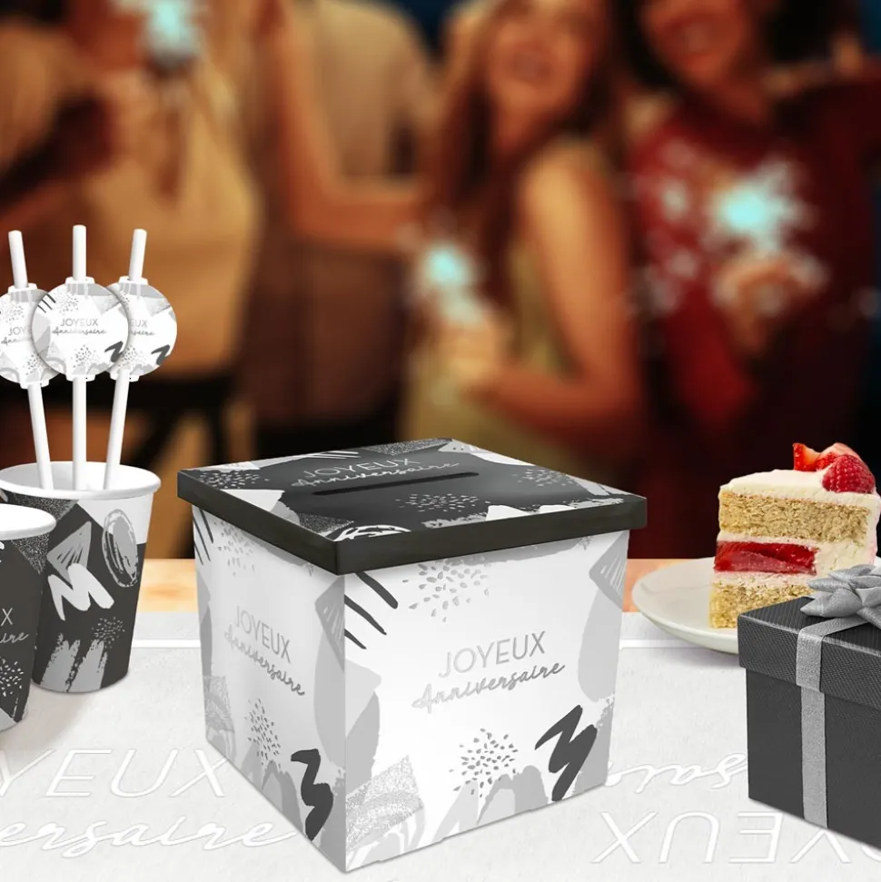 URNE CARTON ANNIVERSAIRE PARTY CHIC 20CM BLANC