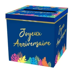URNE CARTON CAGNOTTE ANNIVERSAIRE TROPICAL 20CM