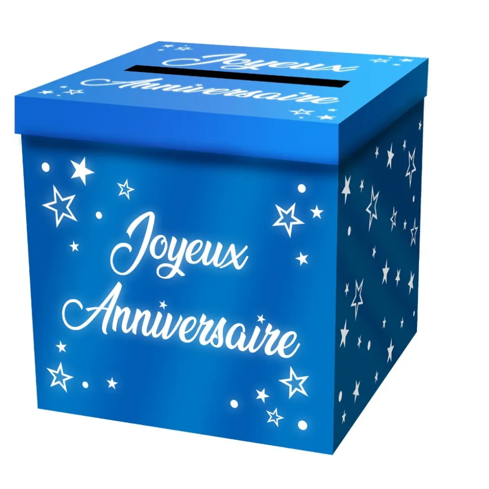 URNE CARTON CAGNOTTE ANNIVERSAIRE 20CM BLEU
