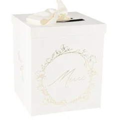 URNE CARTON MERCI BAPTÊME VÉGÉTAL OR 21X25CM CRÈME