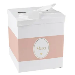 URNE CARTON MERCI BAPTÊME 21X25CM ROSE