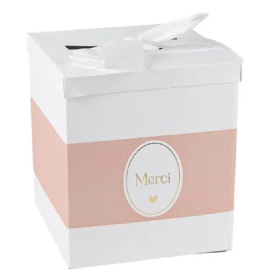 URNE CARTON MERCI BAPTÊME 21X25CM ROSE