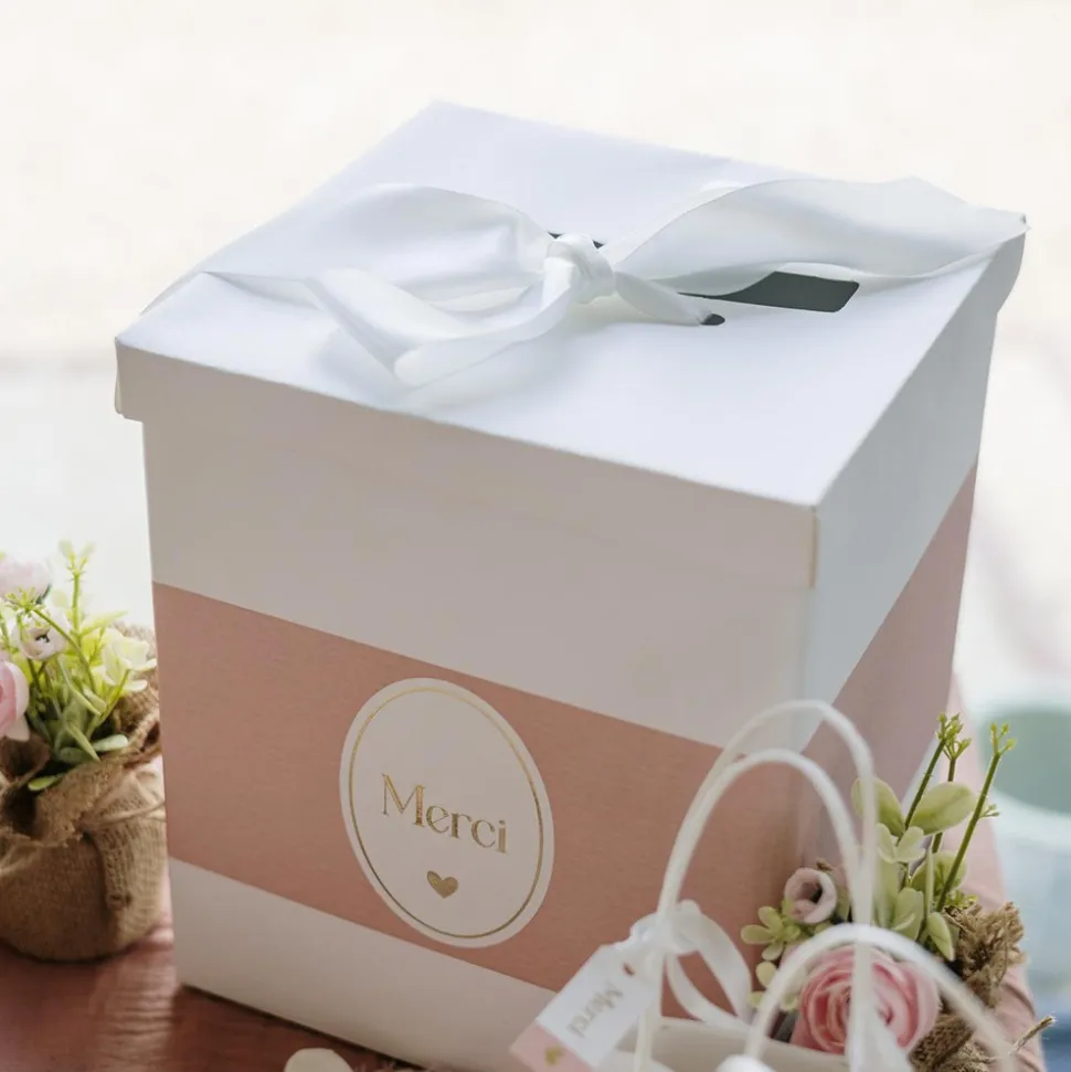 URNE CARTON MERCI BAPTÊME 21X25CM ROSE