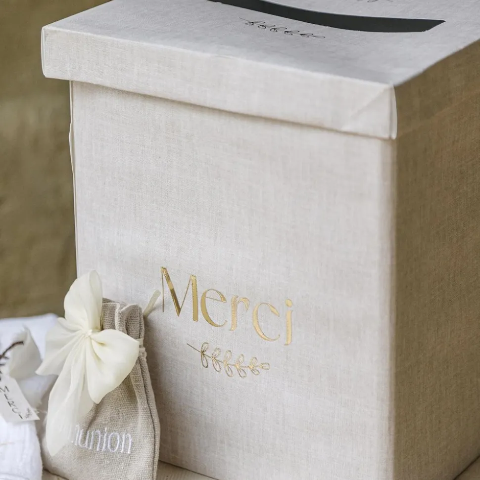 URNE CARTON MERCI BRANCHE LAURIER OR 21X25CM LIN
